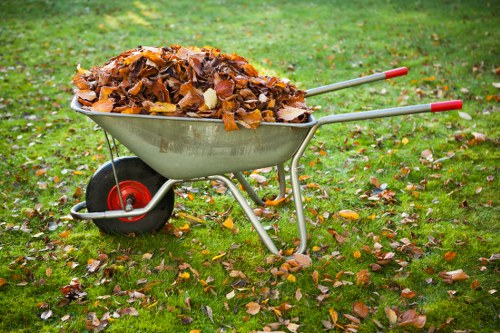 A metal wheelbarrow filled with a large pile of fallen autumn leaves in shades of brown, orange, and yellow, situated on a grassy area with scattered leaves and herbs. The wheelbarrow has a silver metallic finish with two red-handled handles extending from the side and a black rubber wheel at the front, resting on a patch of green grass. Surrounding the wheelbarrow, there are more leaves scattered across the ground, indicating an outdoor setting likely within a residential or park area, possibly near Crystal Palace. The scene appears to be captured during daylight with natural lighting, emphasizing the textures and warm colours of the leaves and grass, in a context related to garden or outdoor rubbish collection services by Commercial Waste Crystal Palace.